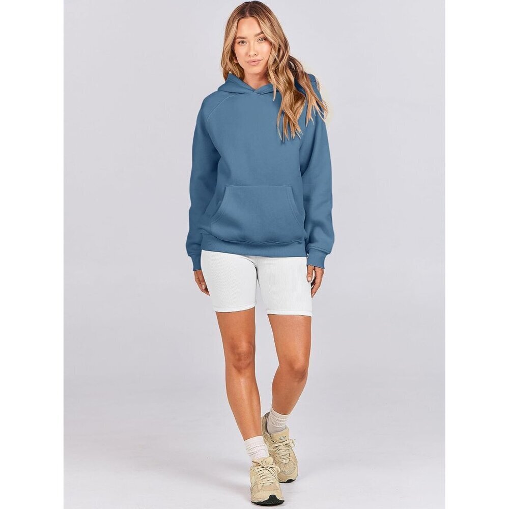 Women Deep Blue Hoodies Oversized Fleece Long Sleeve Comfy Casual Sweatshirts - Picture 6 of 9